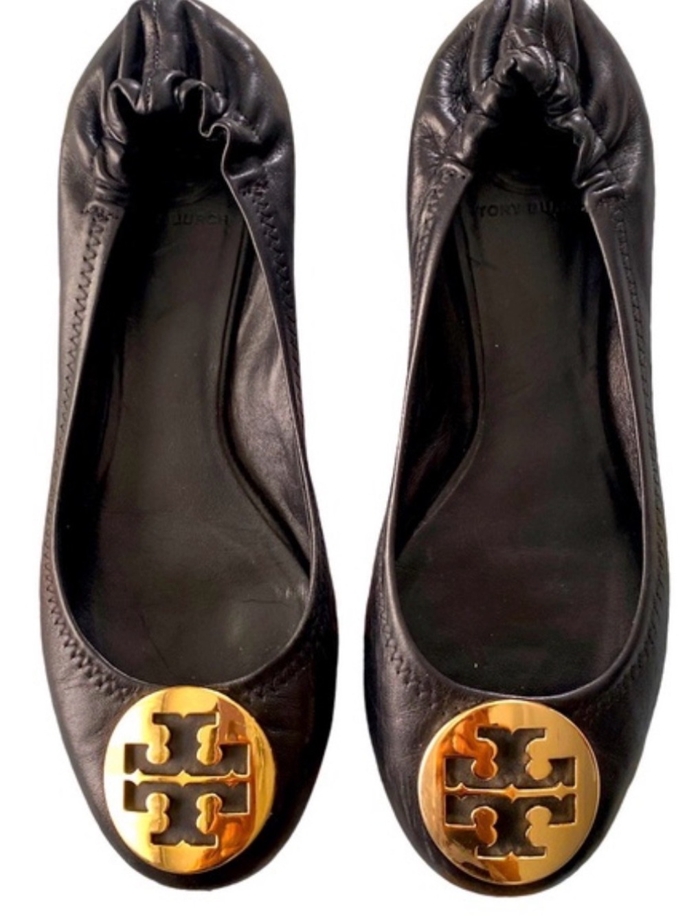 Tory Burch Black Leather Ballet Flats with Gold Logo Medallion